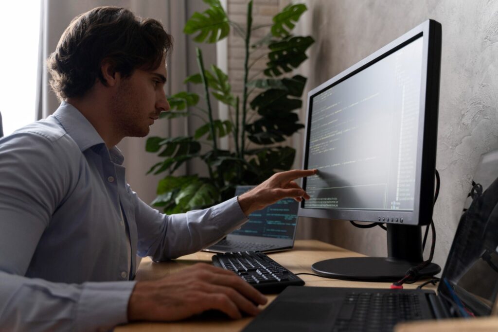 Cyber security consultant reviewing code on screen